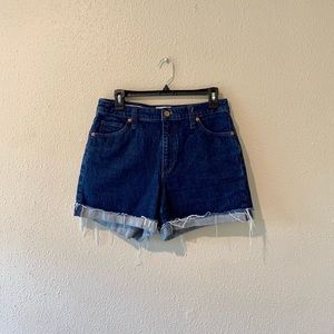 Vintage Midi High Rise Distressed Denim Shorts in Dark Wash